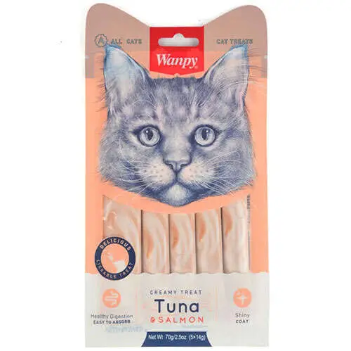 Wanpy Creamy Treat Ton Balık ve Somonlu Likit Creamy Kedi Ödülü 5Li Paket (5 x 14 Gr)